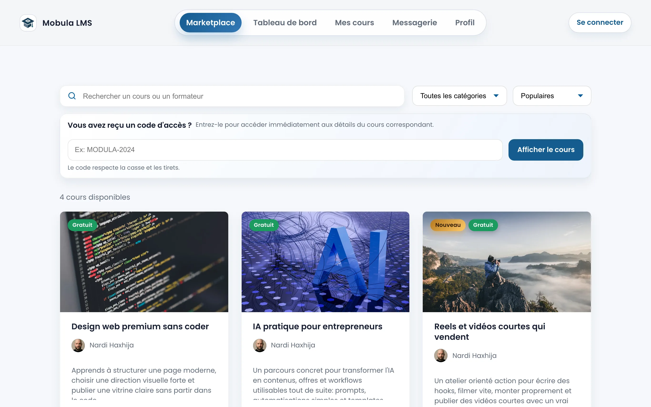 Marketplace Modula avec recherche, catégories et cours